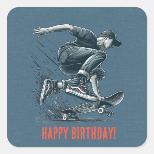 Blauwe Skateboarder verbrand Sinaasappel Happy Bir Vierkante Sticker (Voorkant)