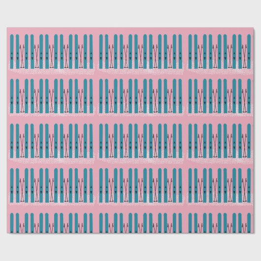 Blauwe ski's op sneeuw met roze achtergrond cadeaupapier (Vlak)