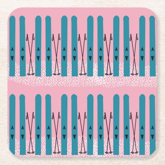 Blauwe ski's op sneeuw & roze achtergrond kartonnen onderzetters (Voorkant)