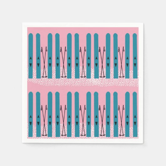 Blauwe ski's op sneeuw & roze achtergrond servet (Voorkant)