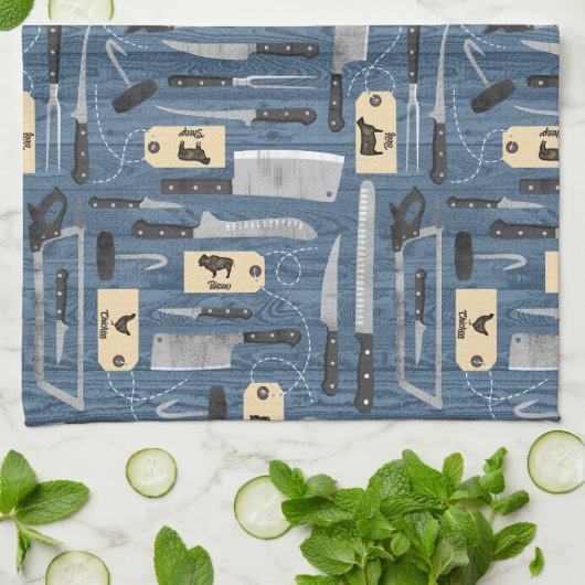Blauwe slagersmessen theedoek (Gevouwen)
