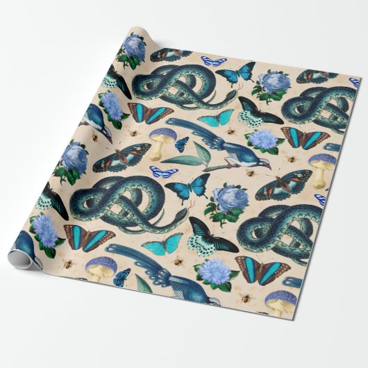 Blauwe slangen vogels en vlinder cadeaupapier (Uitgerold)