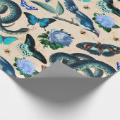 Blauwe slangen vogels en vlinder cadeaupapier (Hoek)