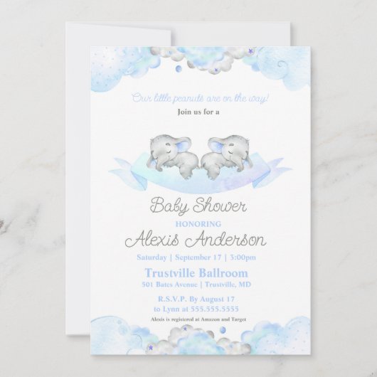 Blauwe Slapende Tweeling Baby Olifanten Baby Showe Kaart (Voorkant)