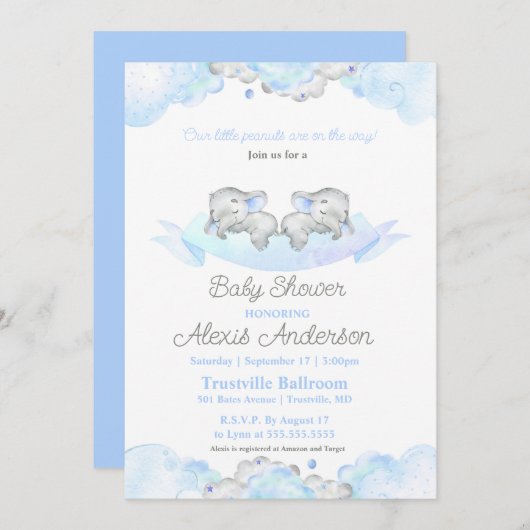 Blauwe Slapende Tweeling Baby Olifanten Baby Showe Kaart (Voorkant / Achterkant)