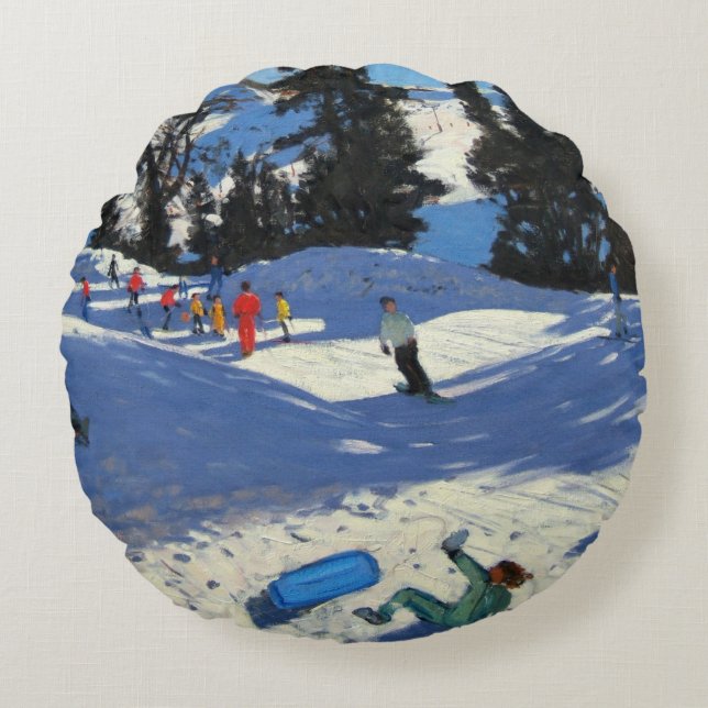 Blauwe slede Belle Plagne Rond Kussen (Voorkant)