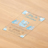 Blauwe slee Cute teddybeer babyshower Acryl Uitnodigingen (Laagn)