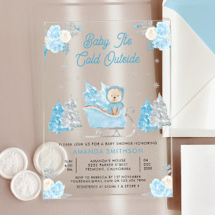 Blauwe slee Cute teddybeer babyshower Acryl Uitnodigingen
