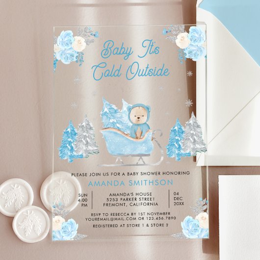 Blauwe slee Cute teddybeer babyshower Acryl Uitnodigingen