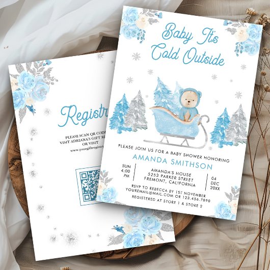 Blauwe slee Cute teddybeer babyshower Kaart
