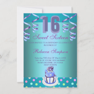 Blauwe Slierten & Cake Sweet 16 Verjaardagsuitnodi Kaart