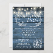 Blauwe slingerlichten metson jars afstudeerfeest kaart (Voorkant)