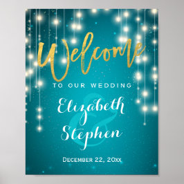 Blauwe slingerlichten Welkom bruiloftsreceptie bor Poster