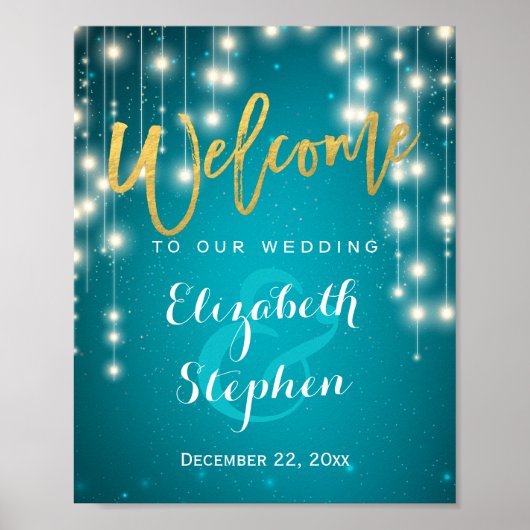 Blauwe slingerlichten Welkom bruiloftsreceptie bor Poster (Voorkant)