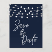 Blauwe slingerlichtjes Modern script save the date Aankondigingskaart (Voorkant)