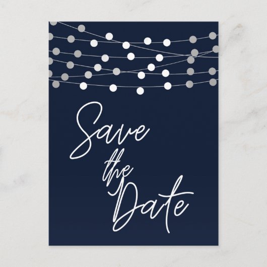 Blauwe slingerlichtjes Modern script save the date Aankondigingskaart (Voorkant)