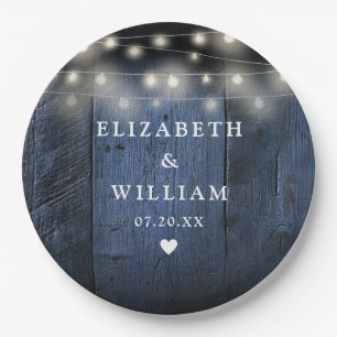 Blauwe slingerlichtjes Rustieke hout Boho schuur b Papieren Bordje