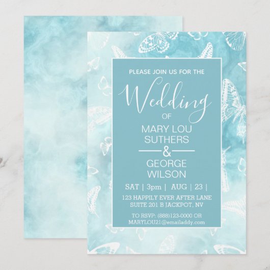 Blauwe Smokey Marble Butterflies Wedding Kaart (Voorkant / Achterkant)
