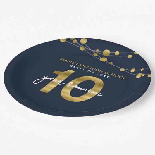 Blauwe snaren van lichten 10 jaar klasse reünie papieren bordje (Gekanteld)