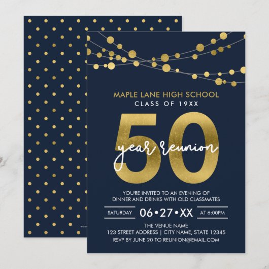 Blauwe snaren van lichten 50 jaar klasse reünie kaart (Voorkant / Achterkant)
