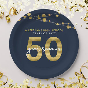 Blauwe snaren van lichten 50 jaar klasse reünie papieren bordje