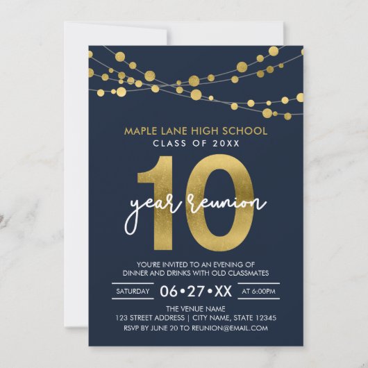 Blauwe snaren van lichten tienjarige klassenreünie kaart (Voorkant)