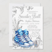 Blauwe Sneaker Bal Verjaardagsfeestuitnodiging Kaart (Voorkant)