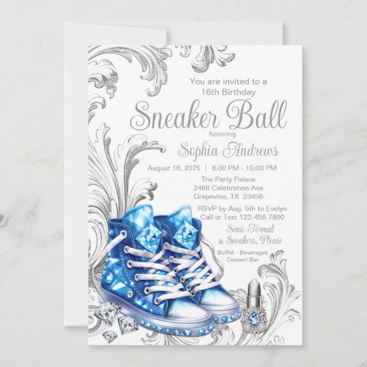 Blauwe Sneaker Bal Verjaardagsfeestuitnodiging Kaart (Voorkant)