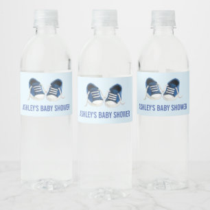 Blauwe Sneakers Baby shower Waterfleslabels Waterfles Etiket