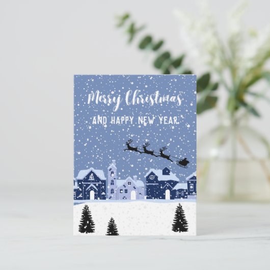 Blauwe sneeuw met santa en rendier feestdagenkaart (Staand voorkant)