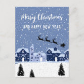 Blauwe sneeuw met santa en rendier feestdagenkaart (Voorkant)