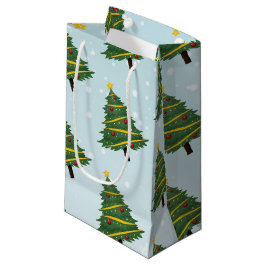 Blauwe sneeuwbladige gedecorbeerde winterkerstboom klein cadeauzakje