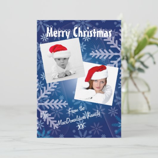 Blauwe sneeuwfotosjabloon feestdagenkaart (Staand voorkant)