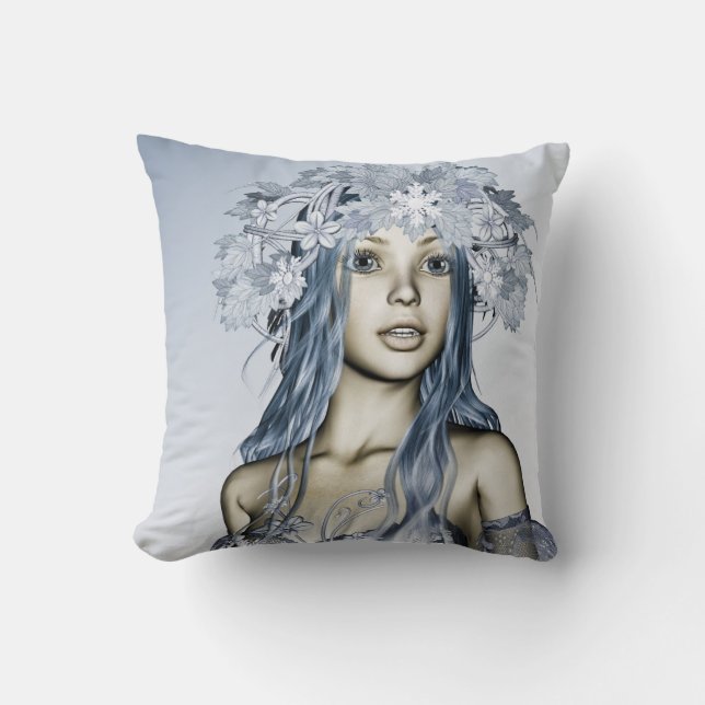 Blauwe Sneeuwmaagd Winter Fantasie Portret Kussen (Voorkant)