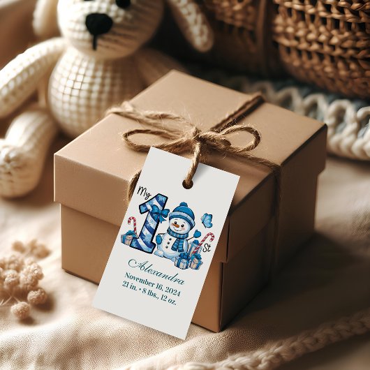Blauwe Sneeuwman Eerste Kerstmis Cadeaulabel