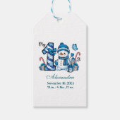 Blauwe Sneeuwman Eerste Kerstmis Cadeaulabel (Voorkant)