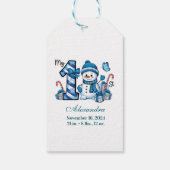 Blauwe Sneeuwman Eerste Kerstmis Cadeaulabel (Achterkant)