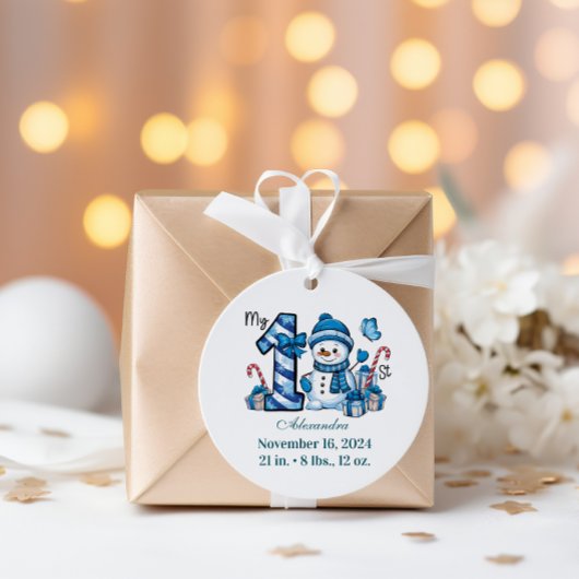 Blauwe Sneeuwman Eerste Kerstmis Ronde Sticker