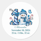 Blauwe Sneeuwman Eerste Kerstmis Ronde Sticker (Voorkant)