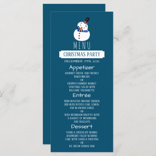 Blauwe sneeuwman, kerstmenu menu (Voorkant / Achterkant)