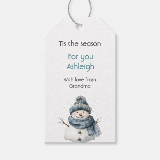 Blauwe Sneeuwman Kerstmis Cadeaulabel (Voorkant)
