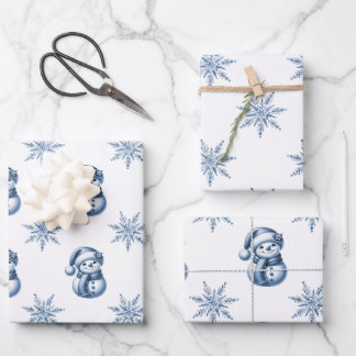 Blauwe Sneeuwmannen Kerst  Inpakpapier Vel