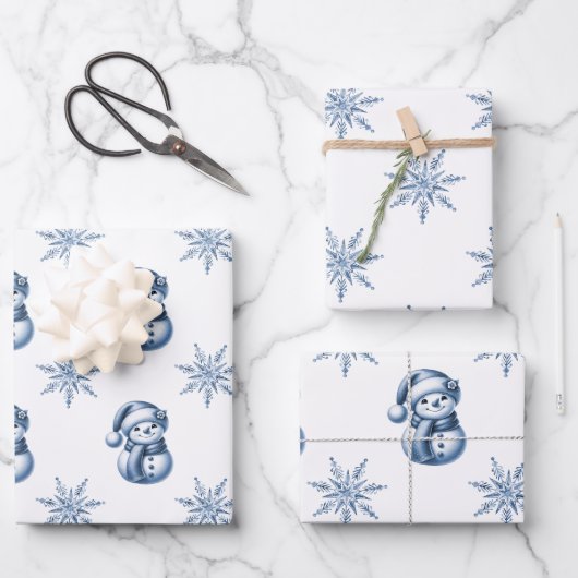 Blauwe Sneeuwmannen Kerst Inpakpapier Vel (Voorkant)