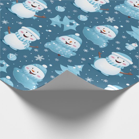 Blauwe sneeuwpop Kerstmis cadeau inpakpapier (Hoek)