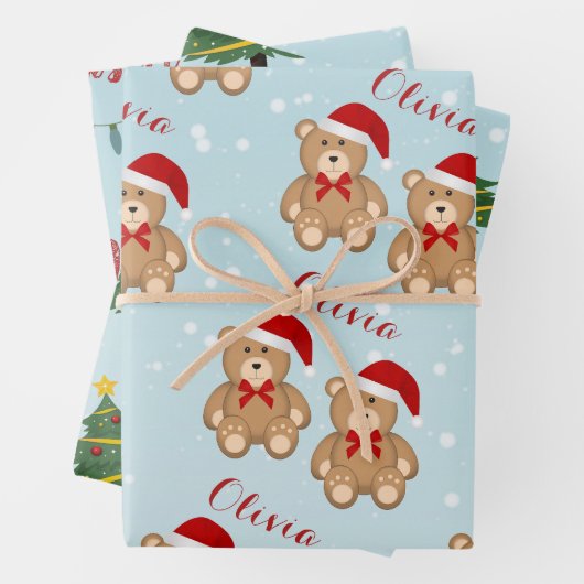 Blauwe sneeuwval met kerst, Beer en bomen Inpakpapier Vel (In situ)