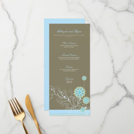 Blauwe sneeuwvloeren Elegant Whimsical Wedding Menu (Voorkant / Achterkant in situ)