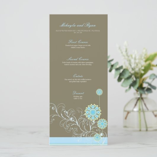 Blauwe sneeuwvloeren Elegant Whimsical Wedding Menu (Staand voorkant)