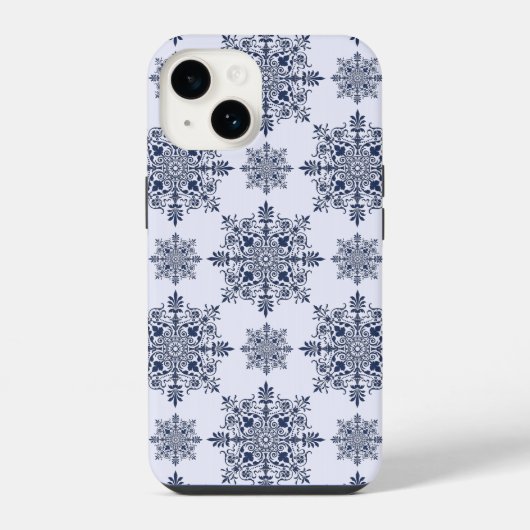 Blauwe Sneeuwvlok Damast Patroon iPhone Hoesje (Achterkant)
