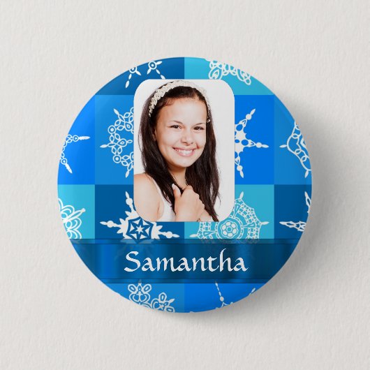 Blauwe sneeuwvlok foto sjabloon ronde button 5,7 cm (Voorkant)