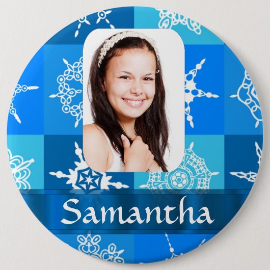 Blauwe sneeuwvlok foto sjabloon ronde button 6,0 cm (Voorkant)